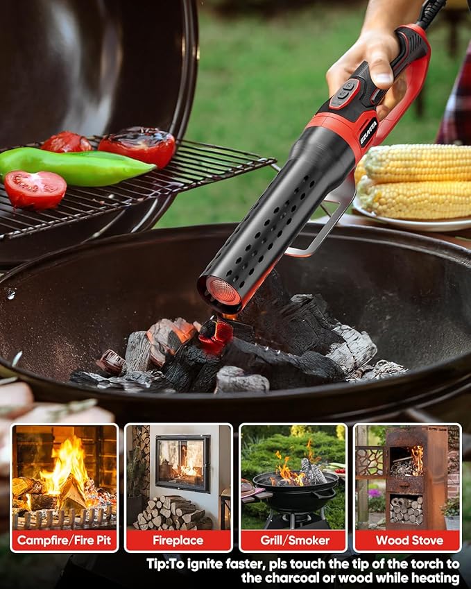 1500W Electric Charcoal Starter with 10ft Cable, 60S Rises to 1100℉ Fire Lighter with Air Blower for Grill, BBQ, Wood Burning Fireplaces, Chemical Free Heated fire starter with Gloves Included