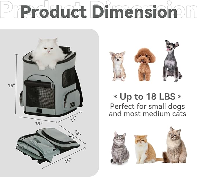 PETSFIT Cat Carrier Backpack with Upgraded Waist Protection, Pet Carrier Backpack Designed for Small Dogs/Cats, Fully Ventilated Collapsible Dog Backpack for Outdoor Traveling Hiking Camping,Grey