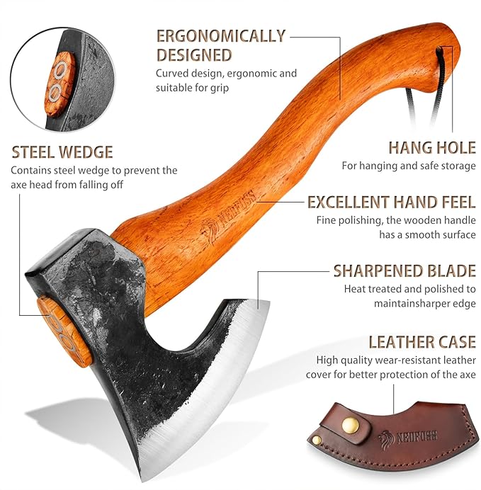 NEDFOSS Camping Hatchet Axe, Wooden Handle Bushcraft Axe with Sheath, Viking Axe with Steel Wedge, Hand Forged Hatchets for Camping and Survival, Gift for Men??(MMA-16)