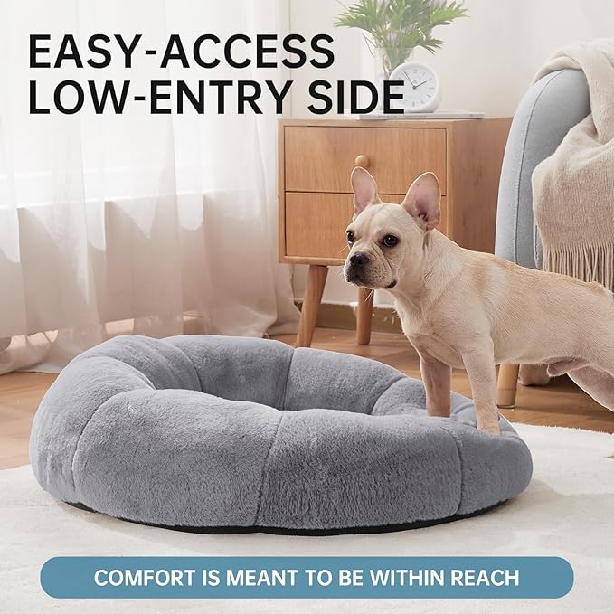 OhGeni 31 inches Calming Donut Orthopedic Dog & Cat Bed for Medium Pets, Warming Comfort Fluffy Short Pile Fur, Durable Waterproof Machine Washable Removable Cover, Round Bed for Puppy, Light Gray
