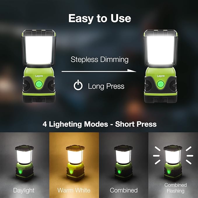 Lepro 1300LM LED Camping Lantern Rechargeable, 4 Light Modes, 3600mAh Power Bank, IPX4 Waterproof, Perfect Lantern Flashlight for Hurricane Emergency, Hiking, Home and More, USB Cable Included