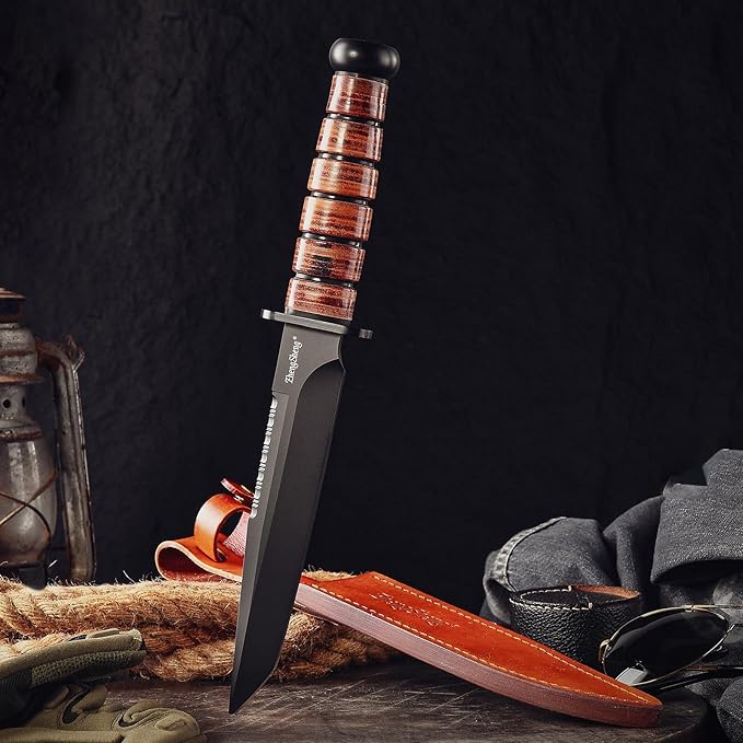 Fixed Blade Knife, 8.0??Black Titanium PVD Coating DC53 Steel Blade Hunting Knives with Leather Sheath, Ergonomic Handle Bushcraft Bowie Knife for Camping, Hiking