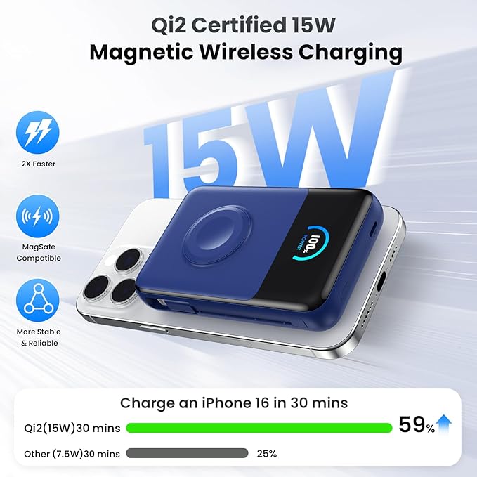 Magnetic Portable Charger 10800mAh with Built-in Cables,5-in-1 Qi2 Certified 15W Wireless Power Bank with iWatch Charger,30W PD Fast Charging USB-C Battery Pack for iPhone 17/16/15/14/13/12-Dark Blue