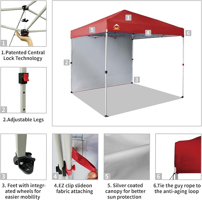 CROWN SHADES 8x8 Pop Up Canopy with 1 Side Wall - Beach Tent with One Push Setup - Outdoor Sun Shade for Events, Parties, Camping - Gazebo with STO-N-Go Cover Bag (Red)