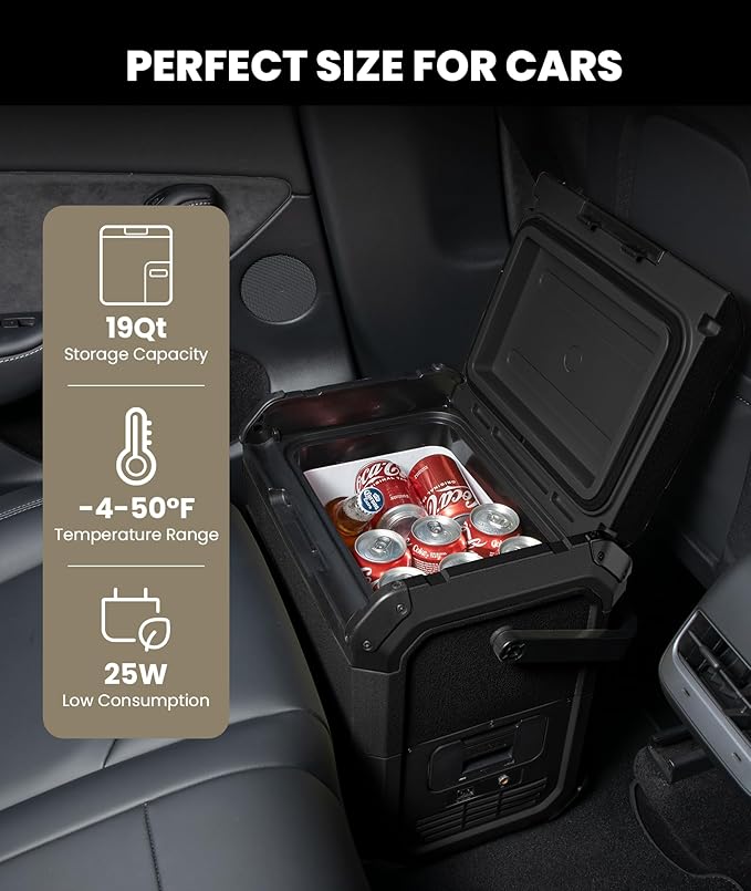 EENOUR D18 19Qt/18L 12V Car Refrigerator with Detachable Battery – Solar/AC/DC Powered Car Freezer, -4℉~50℉, Ultra-Quiet 12/24V Car Fridge for Camping, Road Trips, RV, Truck-Black