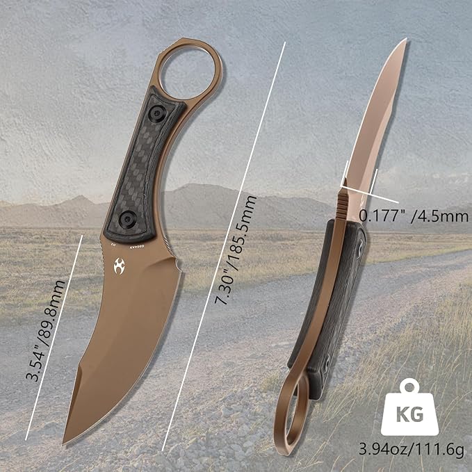 KANSEPT Niko Fixed Blade Knife, 3.54'' Rose Gold Coated D2 Sharp Blade with Twill Carbon Fiber Handle, Adjustable Kydex Sheath for Edc Hunting Survival Camping G004A9