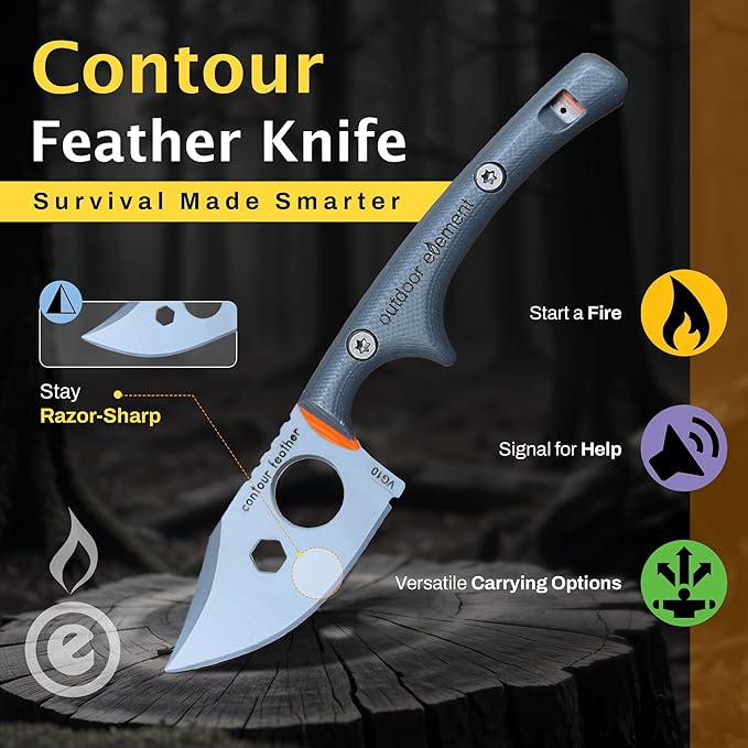 Contour Feather Survival and Culinary Knives ??VG10 Steel Fixed Blade with Fire Starter, Hex Driver, Knife Sharpener, Sheath & Built in Whistle - Built For Camping & Outdoor Adventure