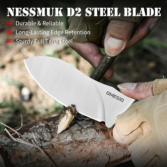 Omesio Nessmuk Hunting Knife Fixed Blade Knife with Sheath, 4.53'' Sharp Full Tang D2 Steel Ergonomic G10 Handle Camping Outdoor Knife with Kydex Sheath