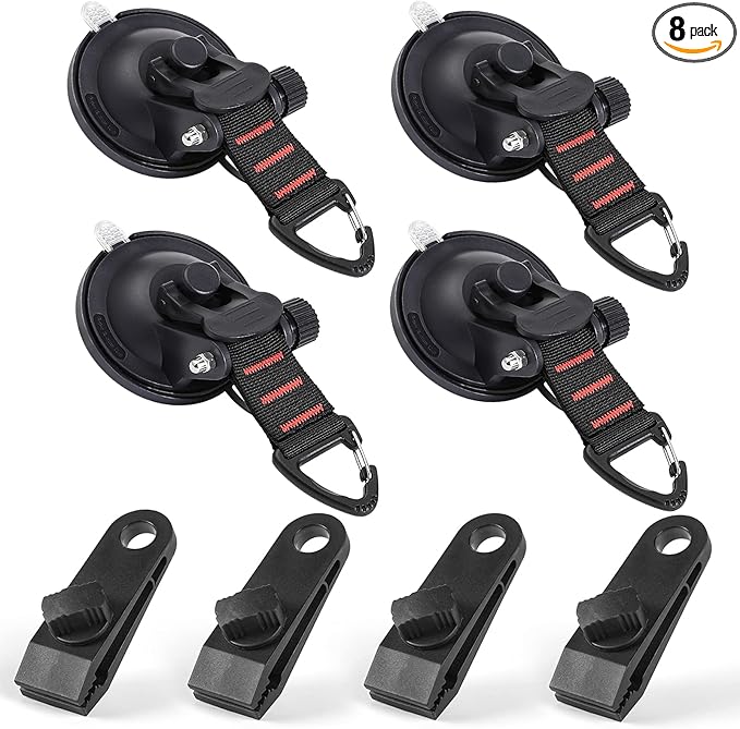 CONBOLA Suction Cups Hooks 8 pcs Car Camping Essentials Heavy Duty Tie Down Suction Cup Camper Accessories with Securing Hook Strong Power for Car Awning Boat SUV Tent Trap Window Glass.(8 pcs)