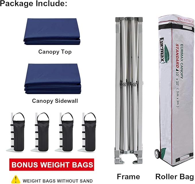 Eurmax USA 10'x10' Pop-up Canopy Tent Commercial Instant Canopies with 4 Removable Zipper End Side Walls and Roller Bag, Bonus 4 SandBags(Navy Blue)