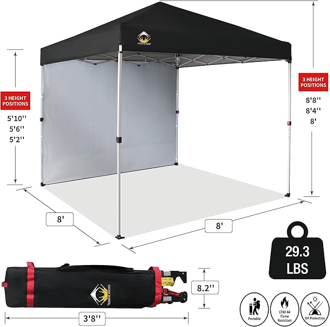 CROWN SHADES 8x8 Pop Up Canopy with 1 Side Wall - Beach Tent with One Push Setup - Outdoor Sun Shade for Events, Parties, Camping - Gazebo with STO-N-Go Cover Bag (Black)