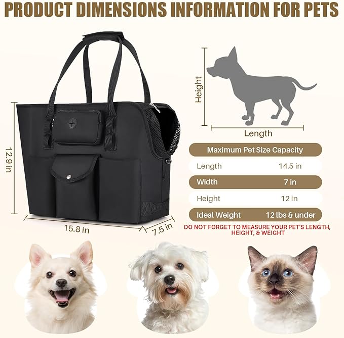 SlowTon Dog Purse Carrier - Portable Dog Carrier with Pockets & Safety Leash for Small Dogs Under 12 lbs, Breathable Pet Tote Bag for Cat Rabbit Outing, Travel, Vet (Black)