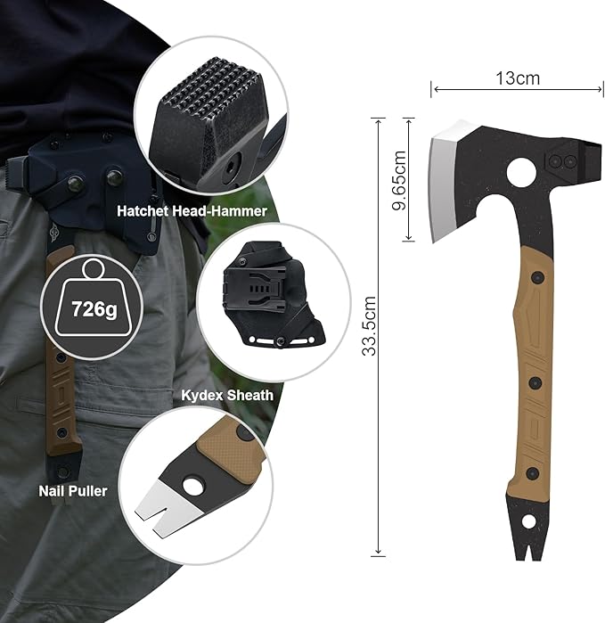 OKNIFE Otacle A1 Survival Hatchet & Camping Axe, 4 in 1 Full Tang Tactical Axe, G10 Non-Slip Grip Tomahawk with Durable Kydex Sheath