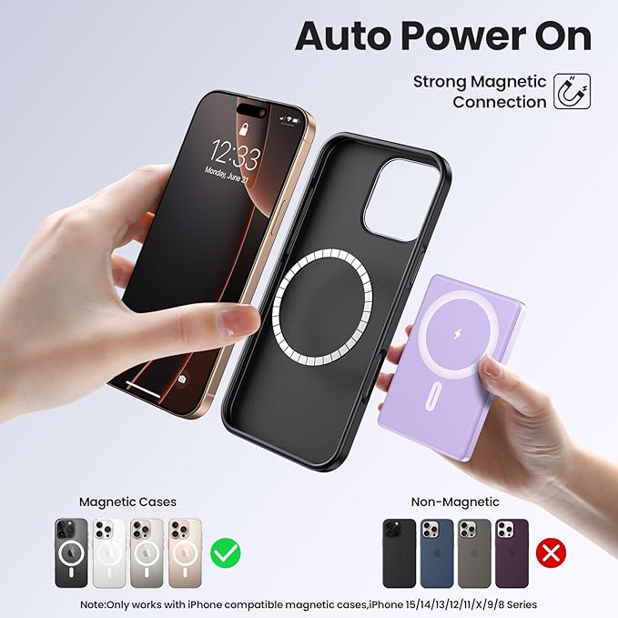Magnetic Power Bank,Ultra Slim Wireless Portable Charger 10000mAh,20W PD Magnetic Power Bank Fast Charging,USB C in&Out Powerbank for iPhone 16/15/14/13/12 Pro Max