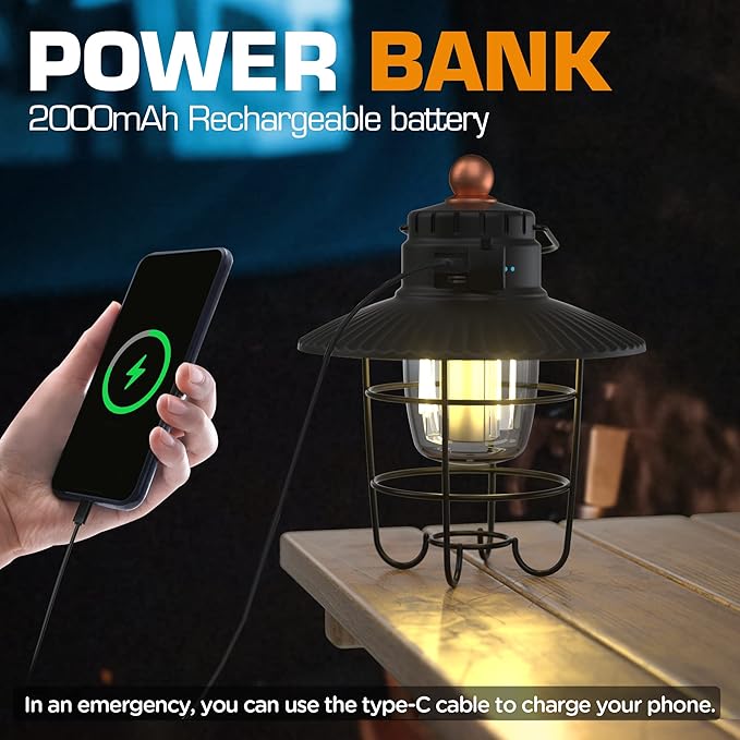 EverBrite LED Camping Lantern Pack of 2, USB C Rechargeable Lantern with 3 Light Modes, Vintage Outdoor Lanterns with Power Bank Function for Power Outages, Hurricane, Emergency, Fishing