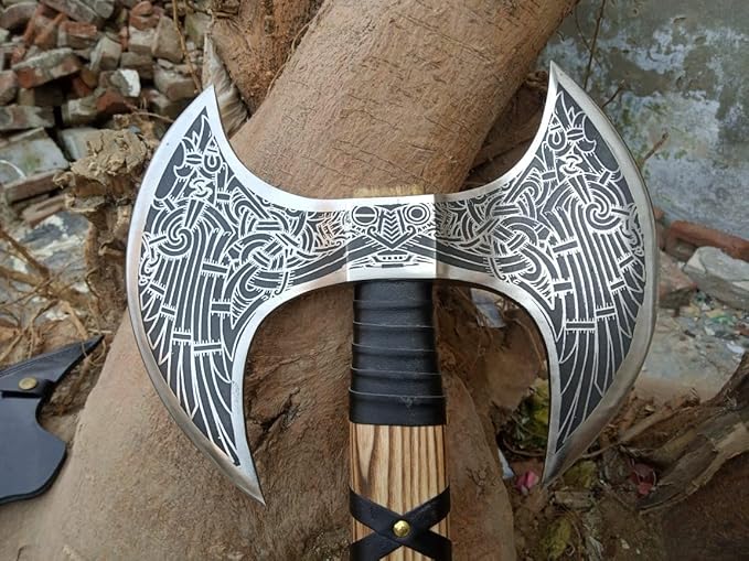 Hand-Forged Double Headed Viking Axe – 27" Odin's Carbon Steel Battle Hatchet with Leather Wrapped Wood Handle – Norse Style Throwing Axe for Camping, Collecting, Survival Gear, or Gifts.