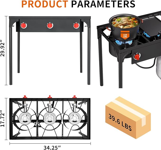 SKOK 3 Burner Propane Stove - Portable Camping Stove with 225,000 High Efficiency Propane Burnerļ¼Outdoor Stove for Camping, Backyard, Picnic