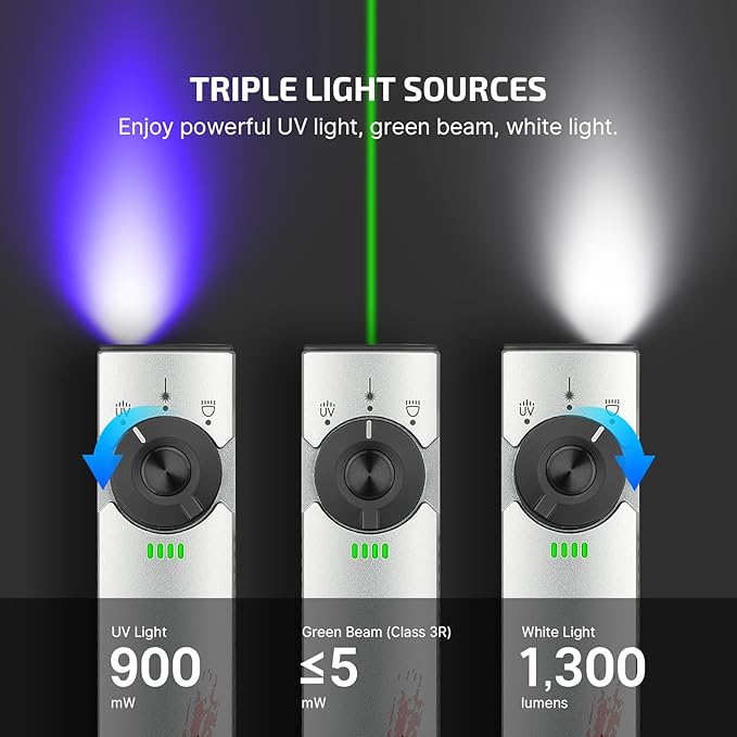 OLIGHT Arkfeld Pro Rechargeable EDC Flat Flashlight with Green Beam, UV and White LED Combo, 1300 Lumens Portable Pocket Lights, Triple Sources for Emergency Working (Stars & Stripes Edition CW)