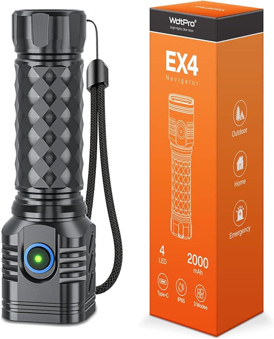 4 LED Flahlight High Lumens, Rechargeable Metal Flashlights Waterproof, Super Bright Flash Light for Camping Hiking Outdoor Home Emergency, Camping Essentials Gear