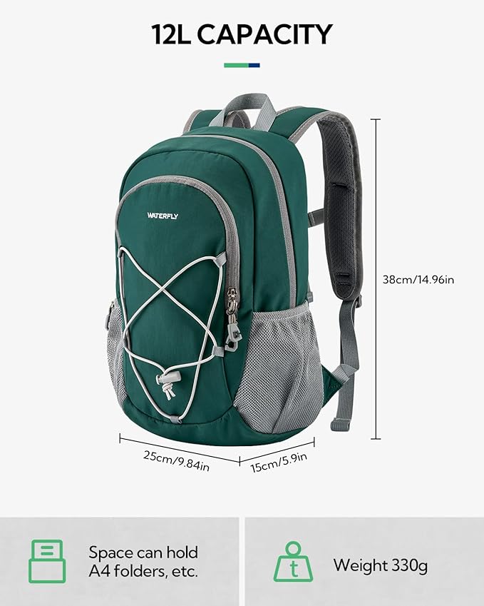 WATERFLY 12L Small Hiking Backpack: Day Pack Lightweight Travel Bag Camping Fitness Cycling Outdoor Sports Daypack For Women Men