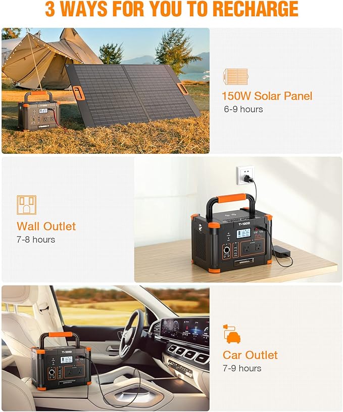 Portable Power Station 1000W (Peak 2000W), GRECELL 999Wh Solar Generator with 60W USB-C PD Output, 110V Pure Sine Wave AC Outlet Backup Lithium Battery for Outdoors Camping Travel Hunting Home