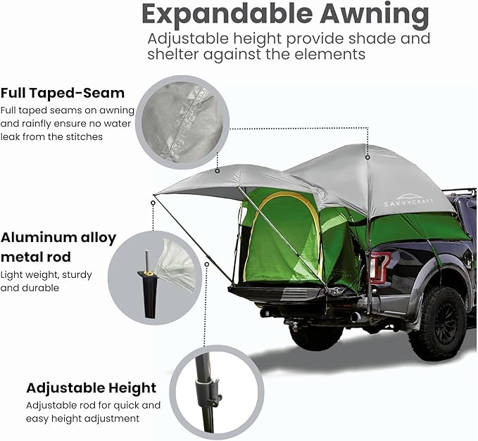 Savvycraft Pickup Truck Tent for Full Size and Mid Size Truck Short Bed and Long Bed, Waterproof P3000mm 2-Person Double Layer Truck Bed Camping Tent, Expandable Awning, Rainfly, Storage Bag Included