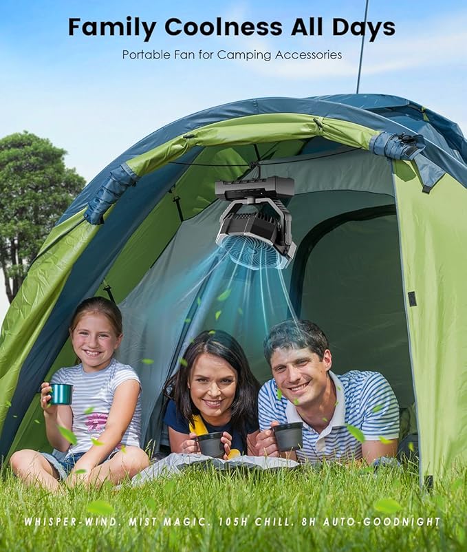 Camping Misting Fan - Portable Battery Powered Fans with 9oz Water Tank, Light, Hook - Rechargeable, 120H Cooling, Last 5H Mist, 4 Speed, Sleep Mode - Outdoor Fan, Travel Essentials