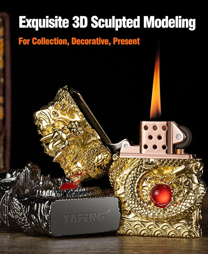 Cool Lighters, Windproof Carving Dragon Antique Lighter, Reusable Kerosene Grinding Wheel Lighter for Collection, Decorative, Gift, Present (Without Fuel) (Gold)