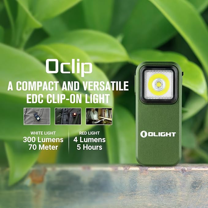 OLIGHT Oclip Rechargeable EDC Flashlight 300 Lumens Dual Sources Compact Pocket Clip Light, Convenient USB C Charging, Magnetic Flash Lights for Working, Cycling, Emergency, Signaling Tool(OD Green)