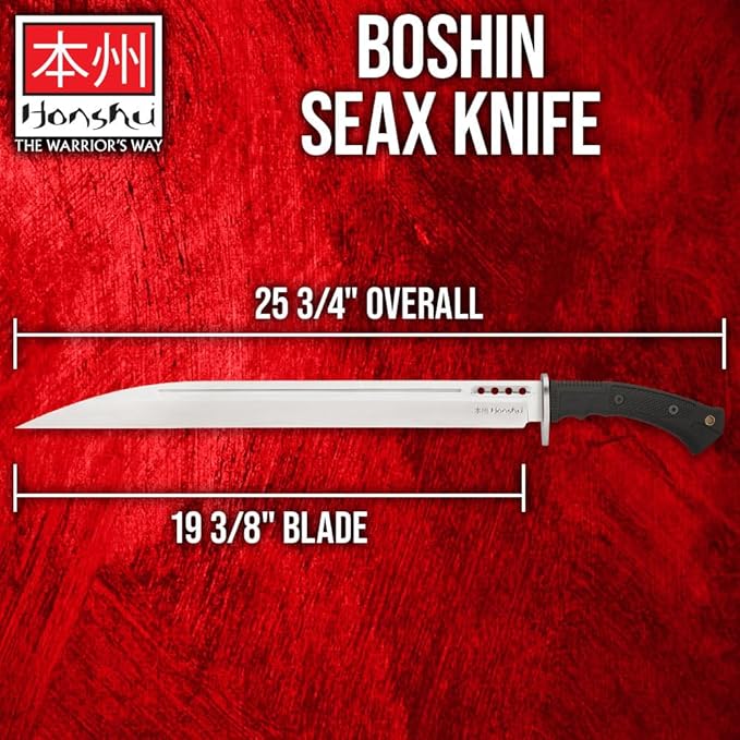 Honshu Boshin Seax Knife | 19 3/8" Full-Tang Stainless Steel Blade | Textured TPR Handle | Premium Leather Sheath with Paracord Lanyard | Modern Tactical Seax Design | 25 3/4" Overall Length