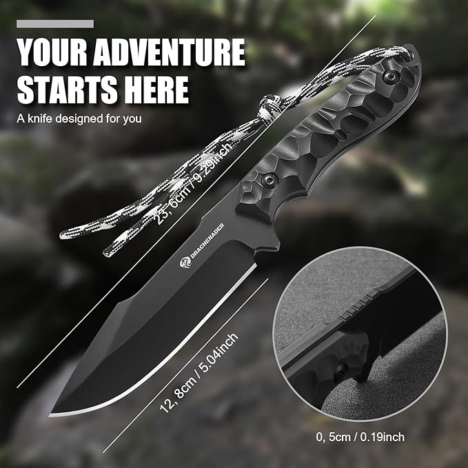 B-ER-DROP POINT Fixed Blade Hunting Knife, Survival Knife with Sheath, Full Tang, Full Black, Gifts for Men