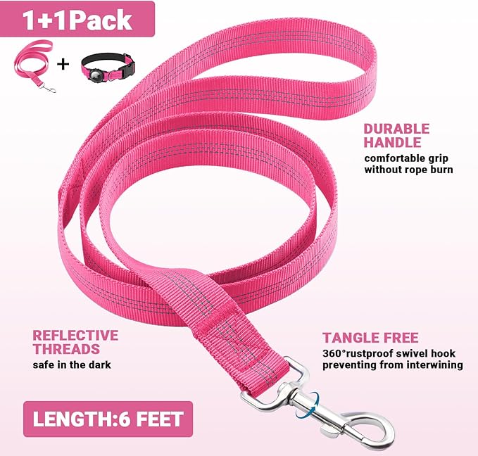 AirTag Dog Collar and Leash, IP68 Waterproof Integrated with Reflective, Ultra-Durable, Comfortable Padded, Heavy Duty Dog Collars for Small Medium Large Dogs, L (14.8"-20.3"), Pink