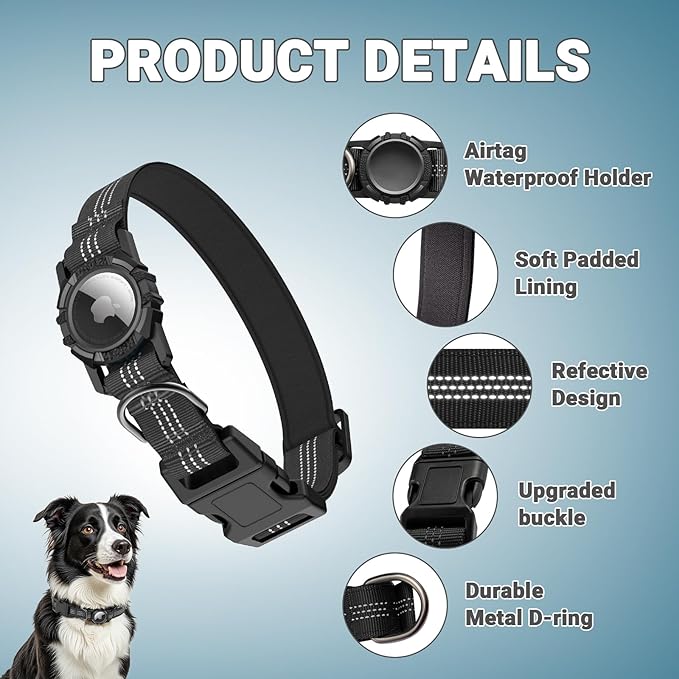AirTag Dog Collar and Leash, IP68 Waterproof Integrated with Reflective, Ultra-Durable, Comfortable Padded, Heavy Duty Dog Collars for Small Medium Large Dogs, S (10.6"-13.6"), Black