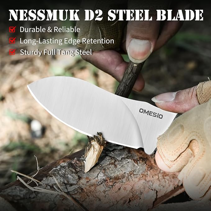 Omesio Hunting Knife with Kydex Sheath, 8.86" Full Tang Fixed Blade Non-Slip G10 Handle, Nessmuk D2 Steel Survival Camping Outdoor Knife, Perfect Gifts for Men