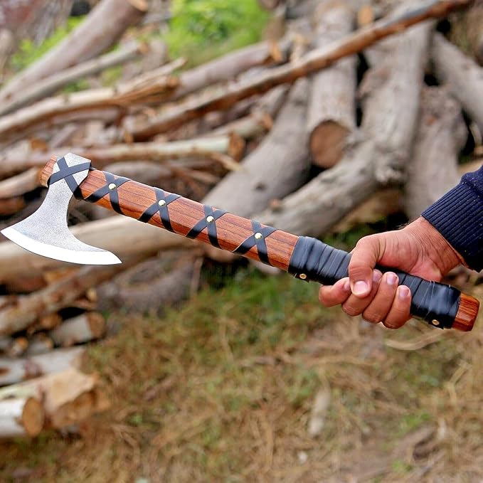 Viking Axe of Ragnar Lothbrok Hunting Axe with Rosewood Handle - Hand-Forged High Carbon Steel Sharp Blade, Handmade Camping Axes, Hatchet-Norse Ax, Tomahawk Vikings Bearded Axes, with Leather Sheath