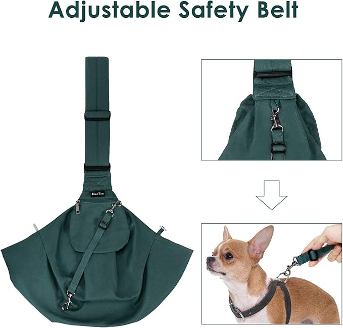 SlowTon Dog Carrier Sling - Thick Padded Shoulder Strap Adjustable Dog Carriers for Small Dogs, Puppy Carrier Purse for Pet Cat with Front Zipper Pocket Safety Belt Machine Washable (Green M)