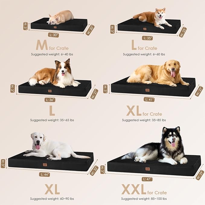 EHEYCIGA Waterproof Dog Bed Memory Foam 35x23, Orthopedic Dog Beds Mat for Large Dogs with Removable Cover, Black