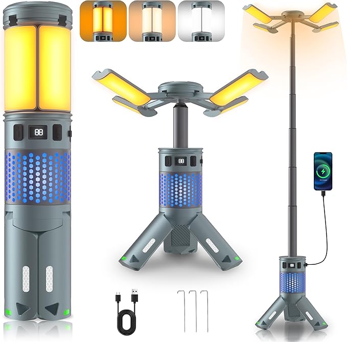 Camping Lights, Rechargeable Telescopic Camping Lights with Stand,12,000mAh Camping Lanterns & Lights with RGB, Magnetic Base, Portable Flashlights for Camping, Hiking, Emergency