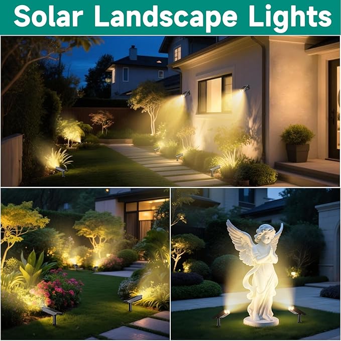 Solar Lights Outdoor Waterproof: 2 IN 1 Solar Spot Lights with 2 Lighting Modes & PC Light Guide Column for Tree Garden Yard Pathway | Warm Yellow 3000k Landscape Lights | IP65 Waterproof | 4 Pack