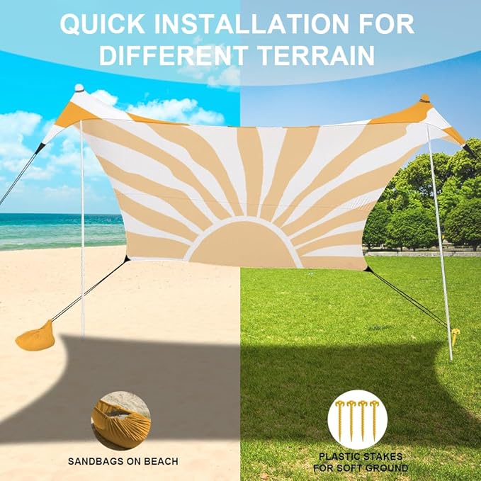 YUKIHOME Beach Tent Sun Shade Canopy Tent, UPF 50+ Camping Beach Sun Shelter 7 x 7ft 2 Pole, Lightweight, Easy Set Up and Carry