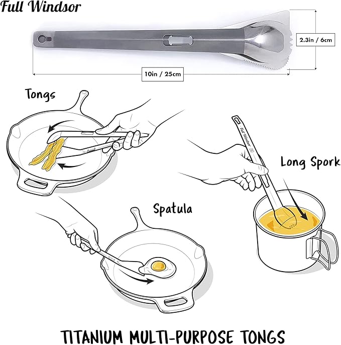 FULL WINDSOR - The Splitter Titanium Multi-Utensil Set ??Compact, Lightweight Silver Spork, Tongs, Spatula & Ladle ??Durable Cooking Kit for Camping, BBQ, Backpacking, Travel & Outdoor Adventures