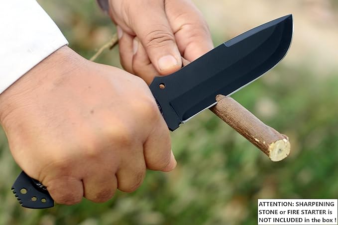 Ottoza Fixed Blade Hunting Knife with Leather Sheath and Horizontal Carry - Full Tang Outdoor Survival and Camping Knife for Men - Cow Horn Handle 338