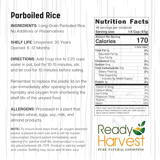 Ready Harvest Emergency Food - Parboiled White Rice | Survival Food | Pantry Staples | #10 Can | 25-Year Shelf Life | 4 lbs | Cans Filled to the Top