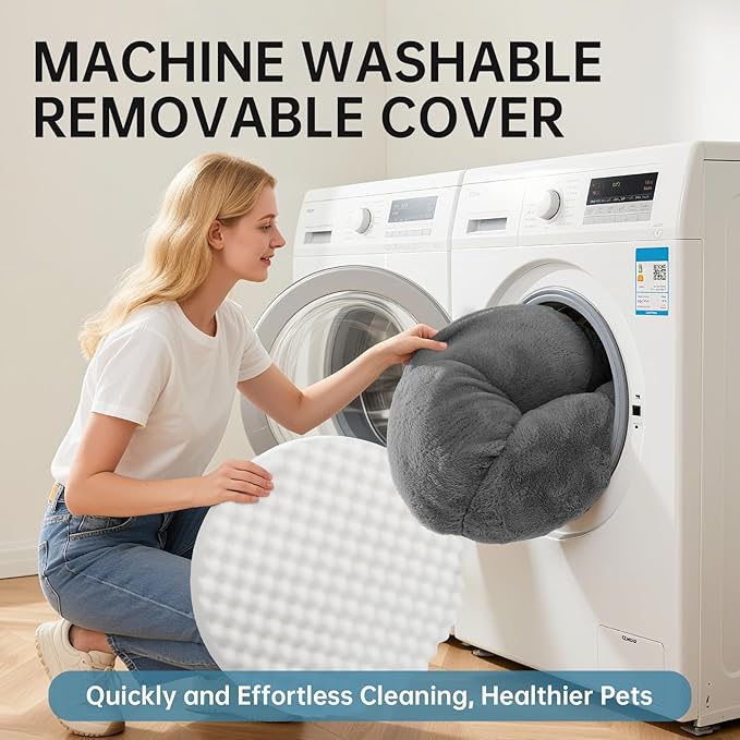 OhGeni 31 inches Calming Donut Orthopedic Dog & Cat Bed for Medium Pets, Warming Comfort Fluffy Short Pile Fur, Durable Waterproof Machine Washable Removable Cover, Round Bed for Puppy, Dark Gray