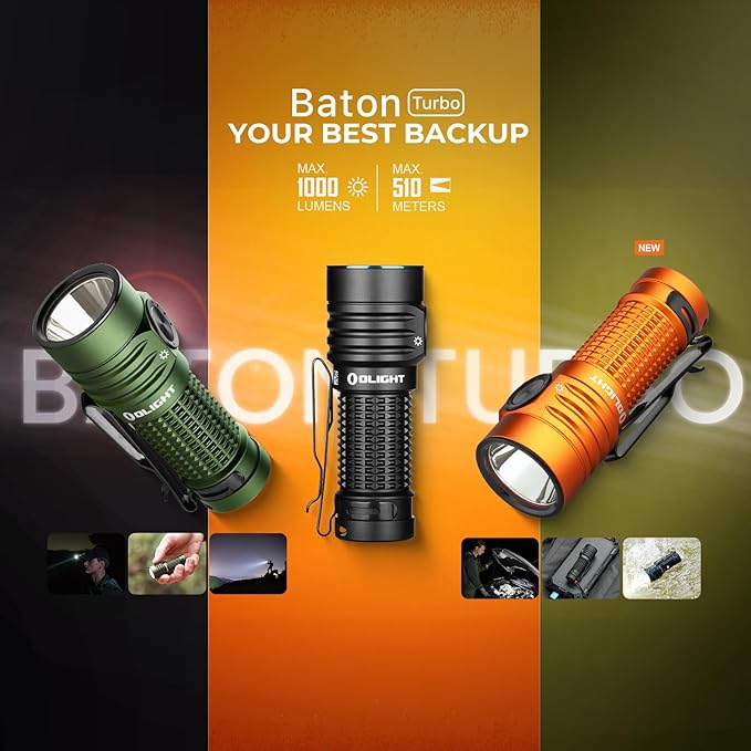 OLIGHT BatonTurbo Rechargeable EDC Flashlight 1000 Lumens Compact Bright LED Light Dual-Switches with 510 Meters, Powerful Pocket Flashlights with Two-Way Clip for Home, Hiking and Emergency (Orange)
