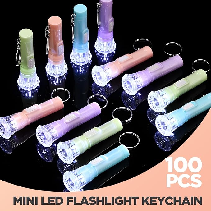 Jexine 100 Pcs Mini Flashlight Keychain Bulk Assorted Colors Torch Keyring Flashlights LED Small Keychain Light Hiking Camping Christmas Party Favors (Macron)