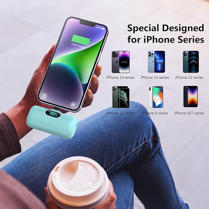 Mini Portable Charger for iPhone,5000mAh PD Fast Charging Battery Pack,LCD Display Cute Power Bank Portable Phone Charger for iPhone 14/14 Pro Max/13/13 Pro/12 Pro/11/XS/XR/X/8/7/6 (Green)