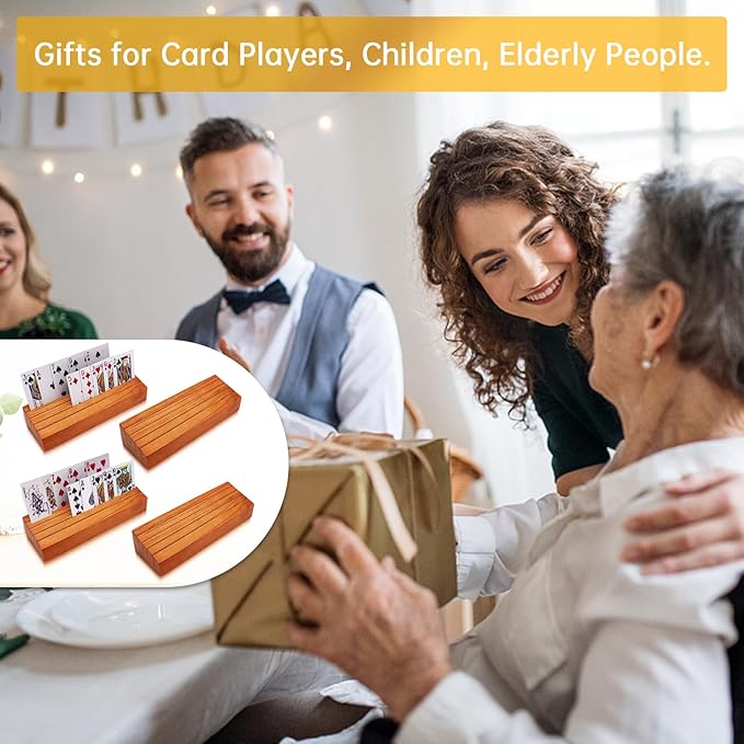 Card Deck Stand Set of 4 Playing Cards Holder for Kids Elder Wood Racks Tray for Organizing on Game Bridge Adults Uno Skipbo 5 Crowns(Orange)