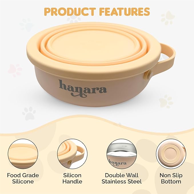HANARA 2-in-1 Insulated Dog Bowl with Collapsible Lid & Handle – Stainless Steel, Non-Slip Rubber Base – Portable Pet Water & Food Bowl for Dogs & Cats – 30 OZ + 20 OZ – Indoor & Outdoor (Beige)
