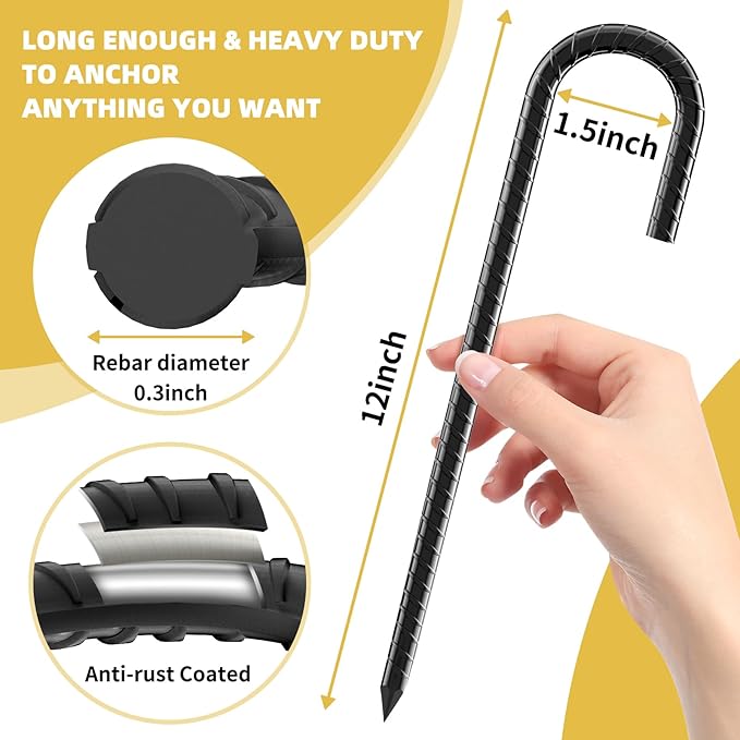 12 Inch Rebar Stakes, 4 Pack J Hook Heavy Duty Ground Stakes for Canopy Tent Trampoline and Chain Link Fence Rust Proof Coated Steel Ground Stakes Ground Anchors (Black)